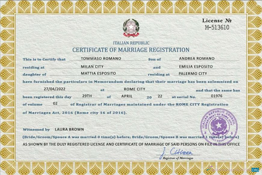 Download Italy marriage certificate PSD template Photoshop template